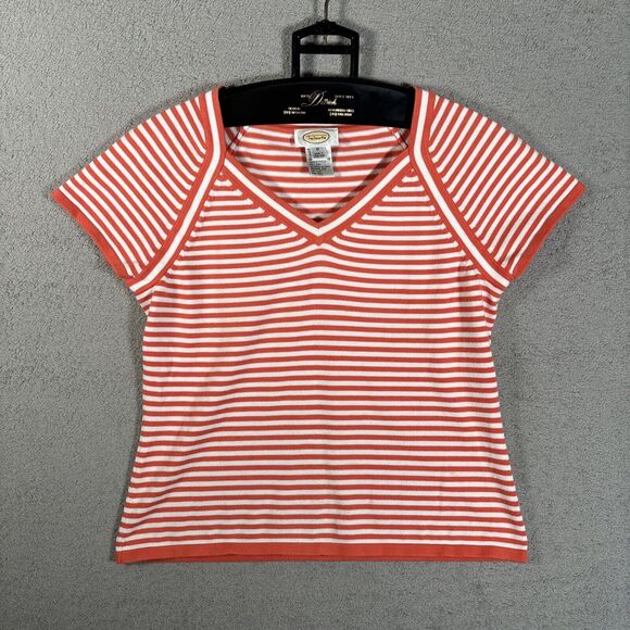 Vintage Talbots Knit Top Women Size M Orange & White Stripe V Neck Short Sleeve - Picture 1 of 8